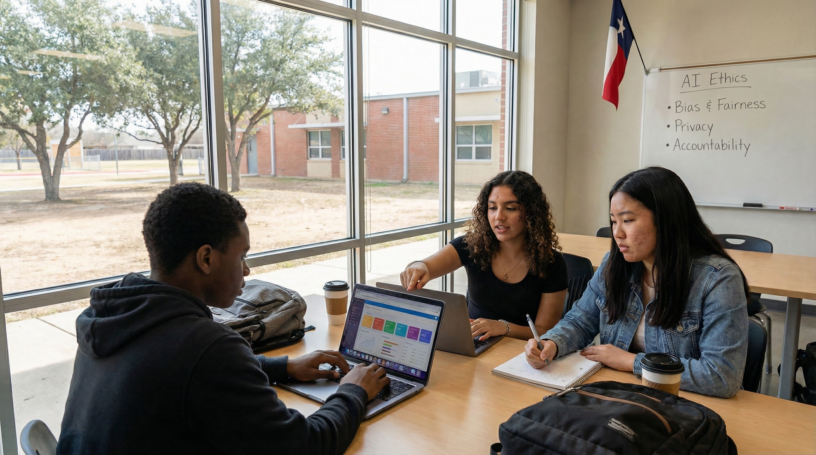 Diverse Texas students collaborating on AI projects in a modern classroom