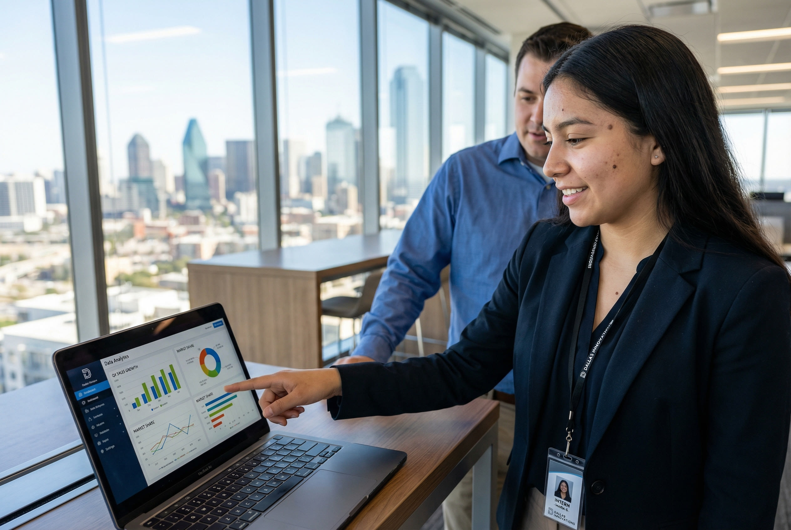 Student in a professional internship setting applying AI literacy in a Texas workplace