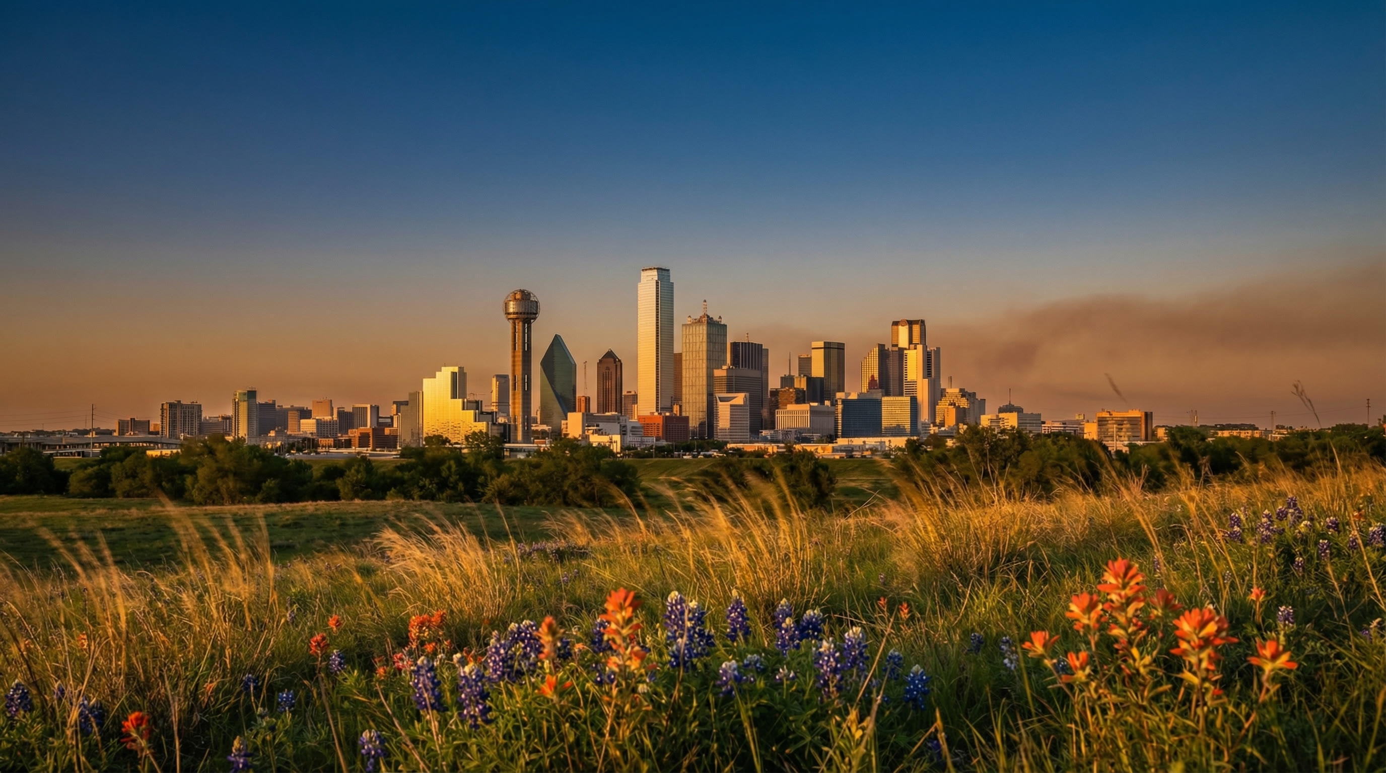 Dallas-Fort Worth skyline at dusk with modern architecture and technology infrastructure