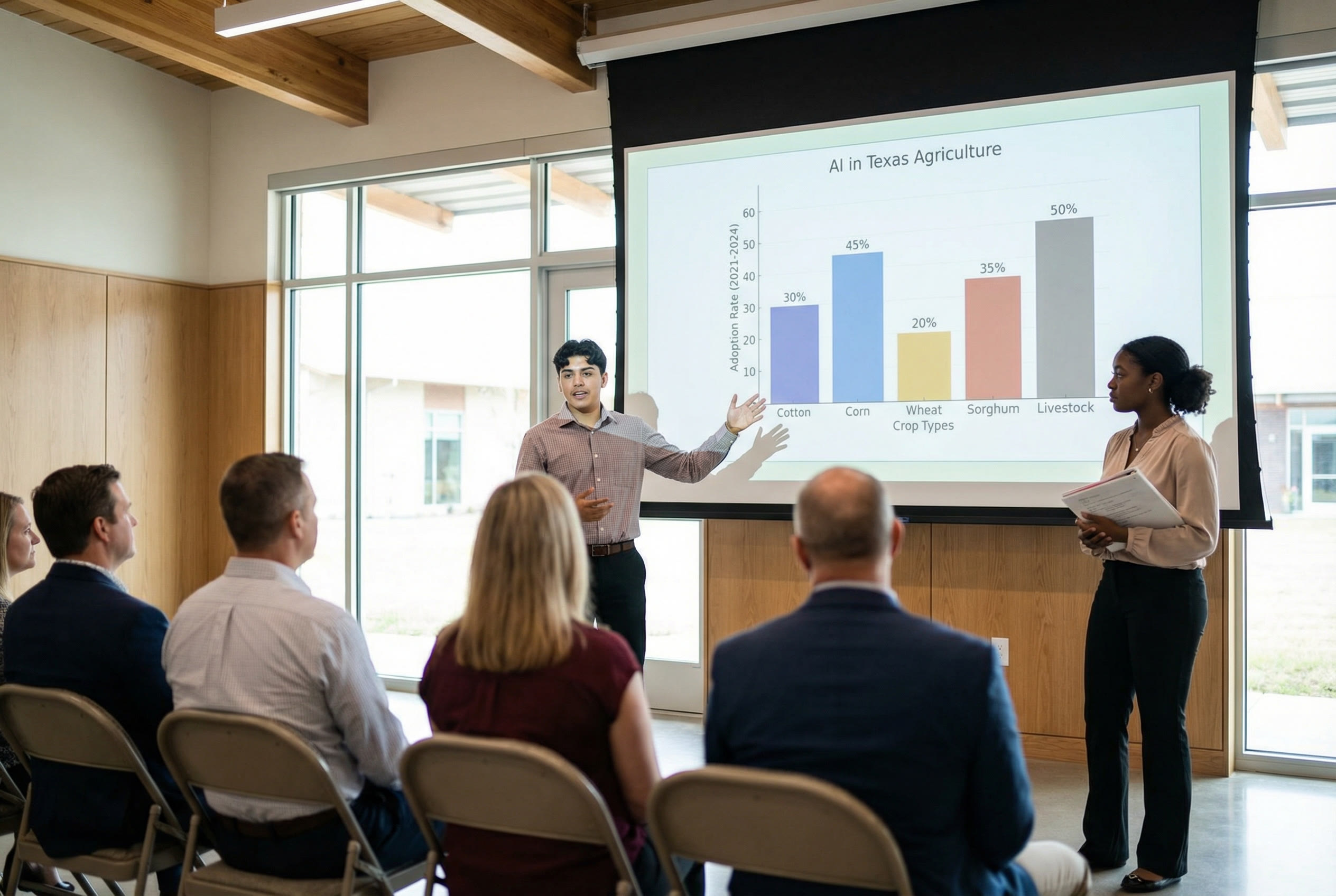 Students presenting their AI capstone projects at a community showcase event